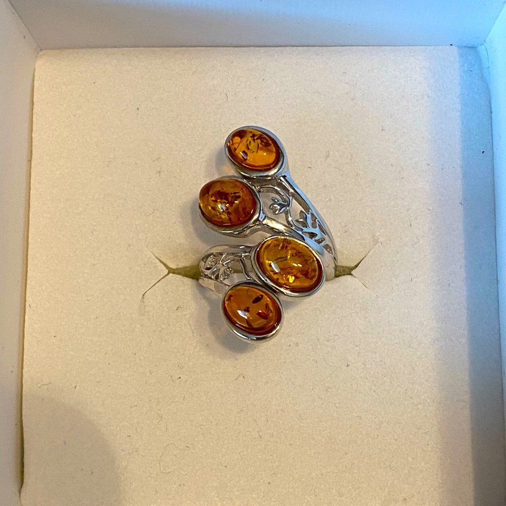 NWOT POLISH AMBER STERLING BYPASS RING